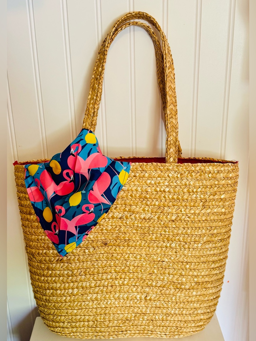 Natural Straw Tote Bag with Pink Flamingo Scarf